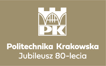 Logo Politechniki Krakowskiej z dopiskiem Jubileusz 80-lecia. Litery białe, tło złote